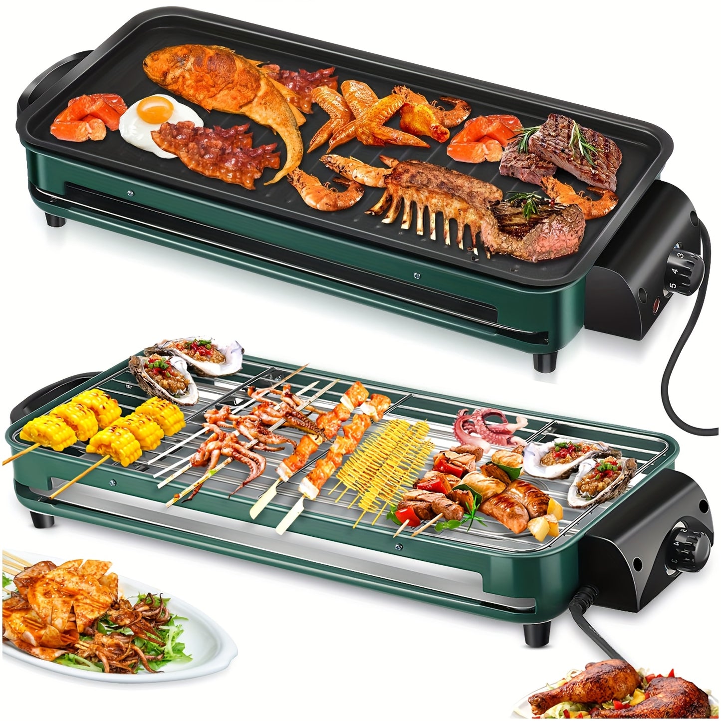 Electric Griddle Flat Non-Stick Cooking Surface | Adjustable Thermostat, Indoor Grill with Two Attachments: Grill Plate and Griddle, Perfect for Pancakes, Burgers, Eggs, Black, Christmas Grill | Stainless Steel 304, British S