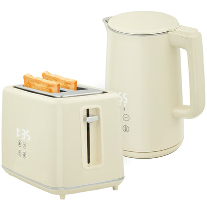 Digital Kettle and Toaster Set, 1.5L 3000W Fast Boil Kettle, 2 Slice Toaster Kitchen Set with 7 Level Browning Controls, Defrost, Reheat, Keep Warm, Crumb Tray and LED Touch Display, Beige