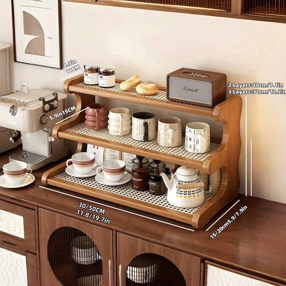 A Three-Tier Or Two-Tier Kitchen Storage Rack, a Rack for Dishes And Cups, Designed with a Hollow Board for Drainage, a Coffee Bar Shelf, a Countertop Cabinet for Cups.
