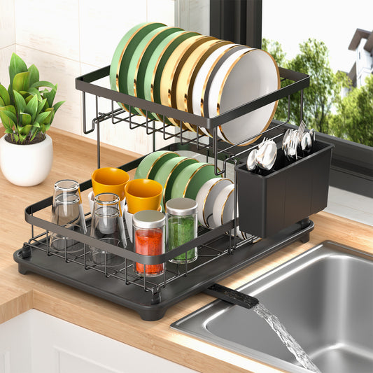2-Tier Compact Dish Drying Rack for Kitchen Counter, Dish Rack with Cutlery Holder, Dish Drainer for Cups, Knives, Spoons, Forks, Black