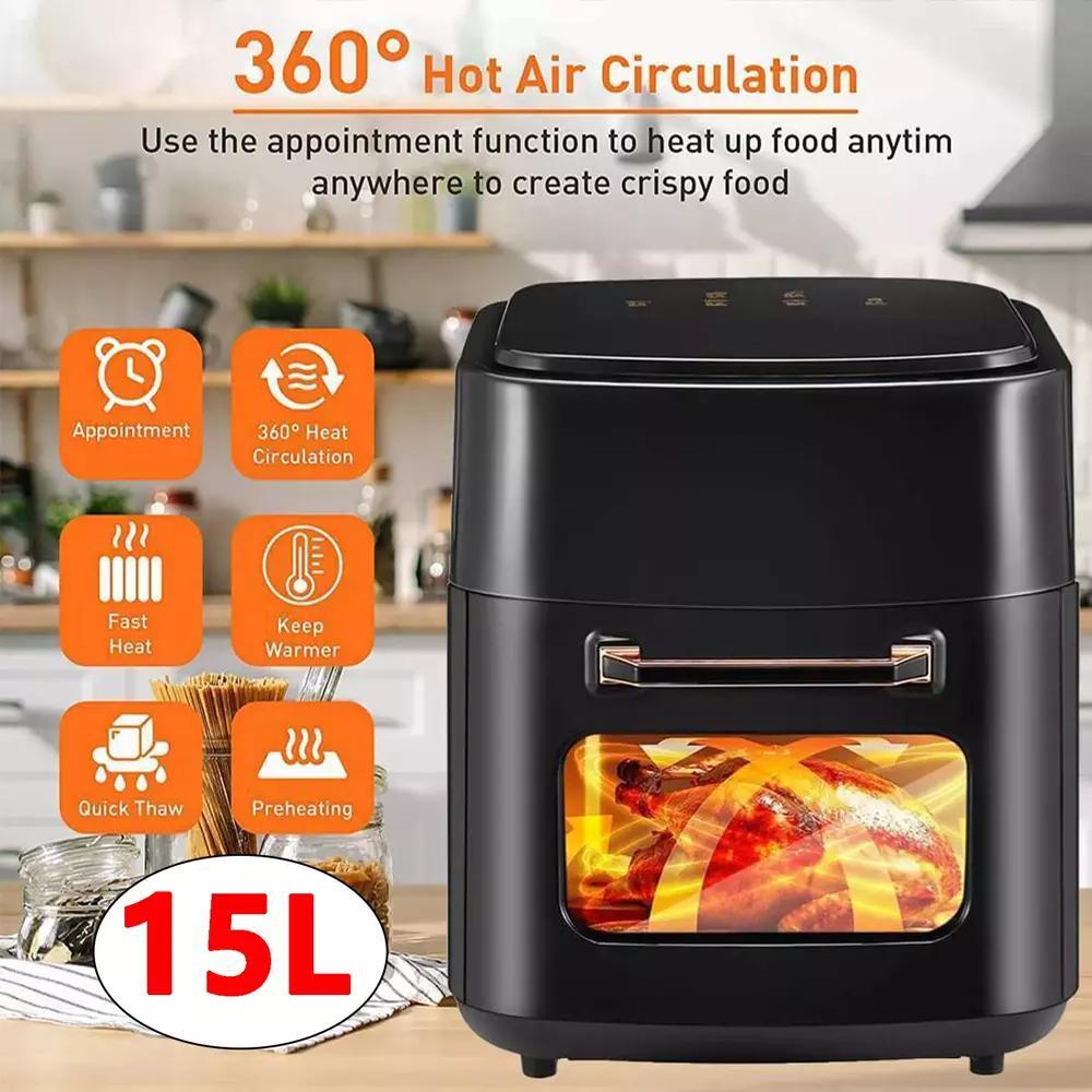 15L Black Multifunctional Digital Air Fryer Oven with Rapid Air Circulation & Smart Touch & Visible Window, Adjustable Timer & Temperature Control for Healthy Oil Free & Low Fat Cooking, Nonstick Basket, Chicken, Crisps
