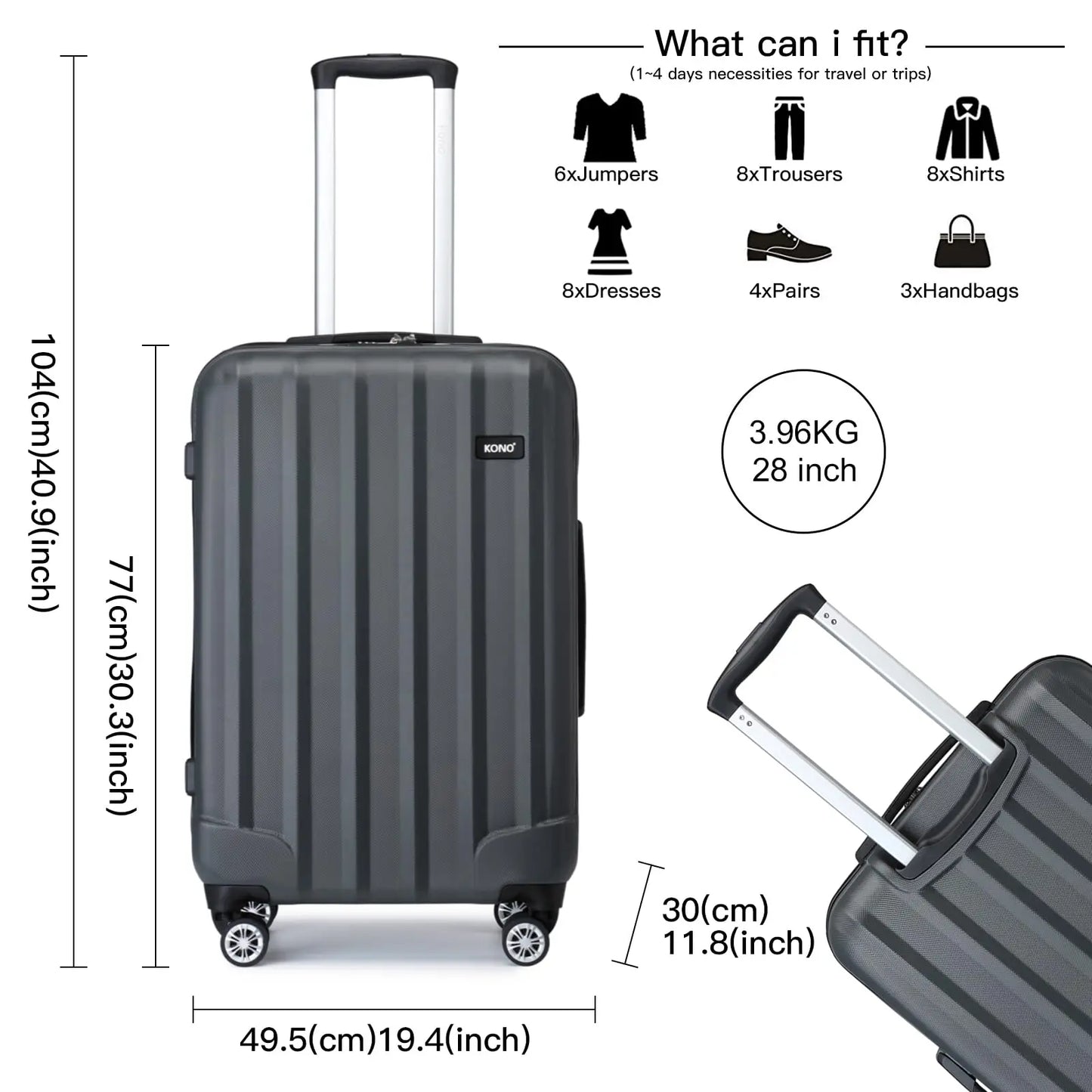 Kono Lightweight ABS Hardshell Trolley Case with 4 Rolls and Combination Lock, hand luggage Size (3 sizes available)
