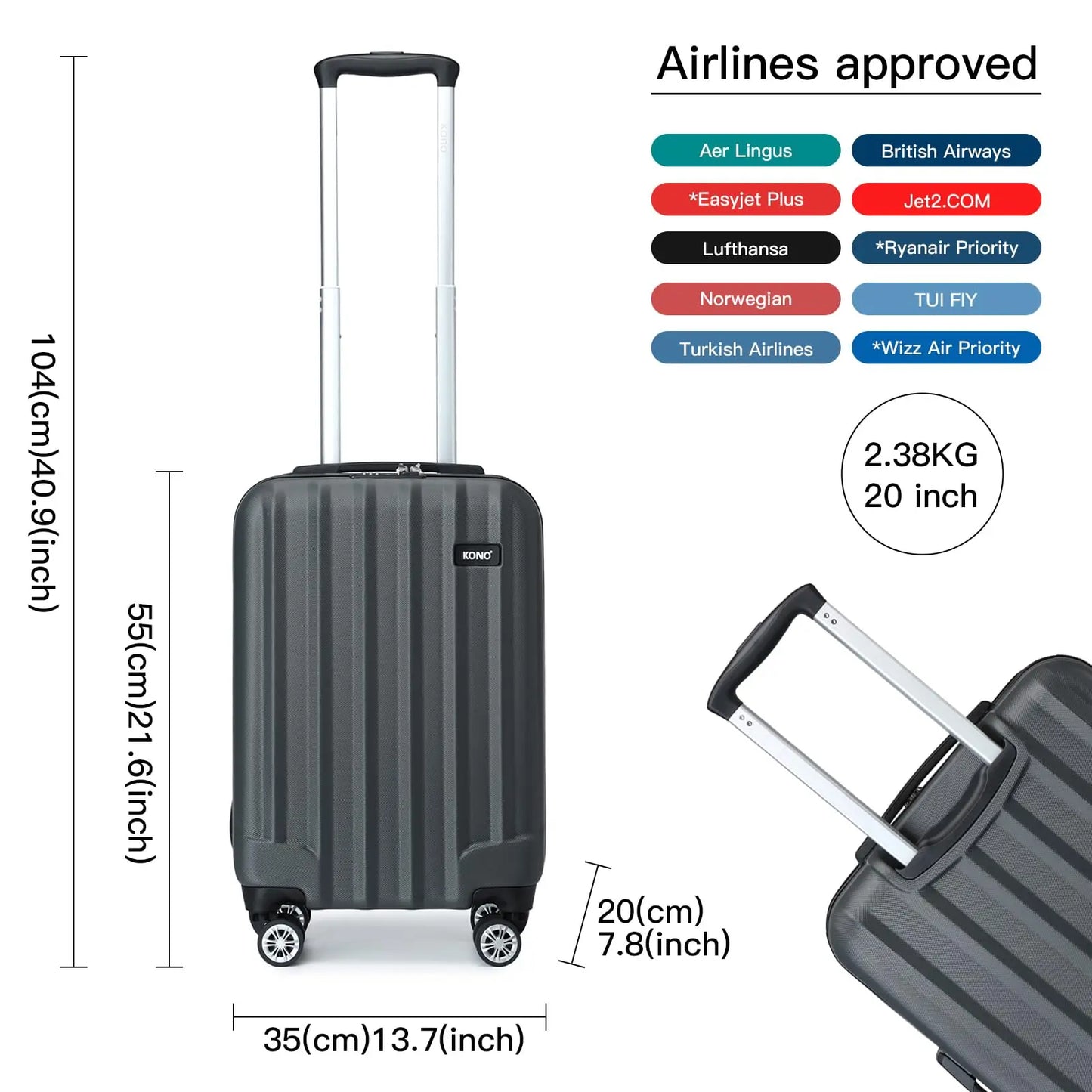 Kono Lightweight ABS Hardshell Trolley Case with 4 Rolls and Combination Lock, hand luggage Size (3 sizes available)