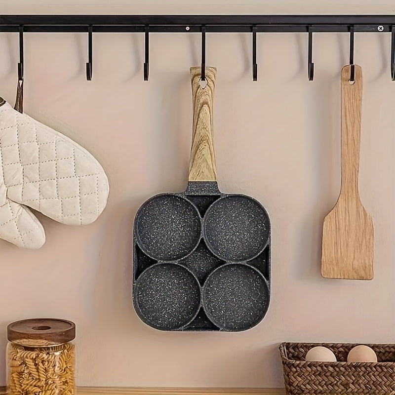 Frying Pan Four Holes And a Non-Stick Surface, Ideal for Cooking Eggs, Pancakes, Steaks, And Hamburgers. It'S Perfect for Breakfast And More, Designed for Hand Washing Only, And Is Compatible with Induction Cooktops. A Modern