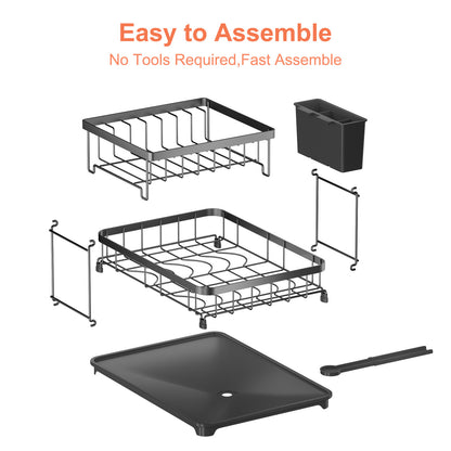 2-Tier Compact Dish Drying Rack for Kitchen Counter, Dish Rack with Cutlery Holder, Dish Drainer for Cups, Knives, Spoons, Forks, Black