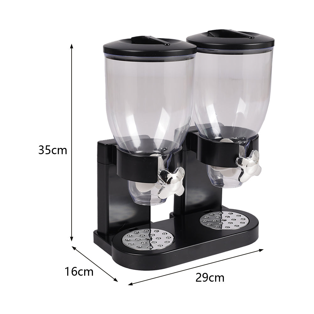 4L Large Capacity Double Cereal Dispenser - Airtight Dry Food Storage Canister for Breakfast Cereal/Snacks/Candy, Space-Saving Kitchen Organizer (29×16×35cm, Black)