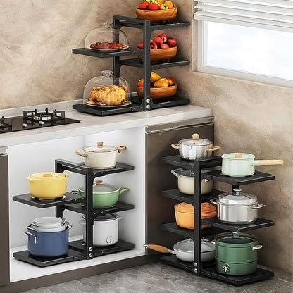 Large capacity independent pot rack cookware rack, baking utensil tray, flat cookware and utensil storage rack, fruit and vegetable rack, space saving floor standing sink shelf, black double-sided 3-layer+4-layer pot rack, hi