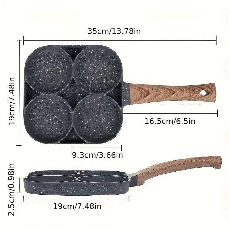 Frying Pan Four Holes And a Non-Stick Surface, Ideal for Cooking Eggs, Pancakes, Steaks, And Hamburgers. It'S Perfect for Breakfast And More, Designed for Hand Washing Only, And Is Compatible with Induction Cooktops. A Modern