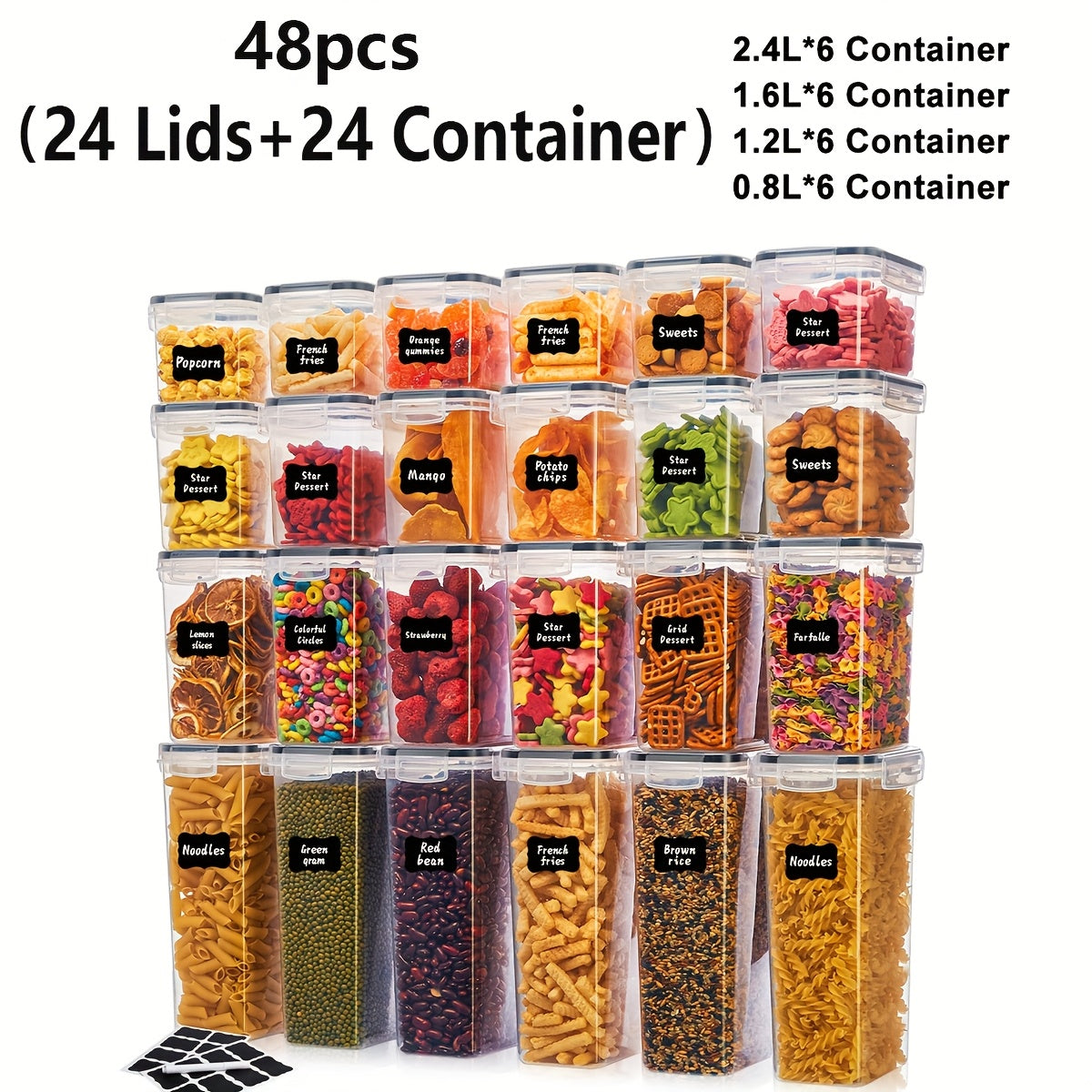 72/48pcs Airtight Food Storage Containers with LIDS, Perfect for Kitchen Pantry Organization And Storage Of Grains, Rice, Pasta, Tea, Nuts And Coffee Beans - Dishwasher Safe And Includes Labeled And Labeled Kitchen Items