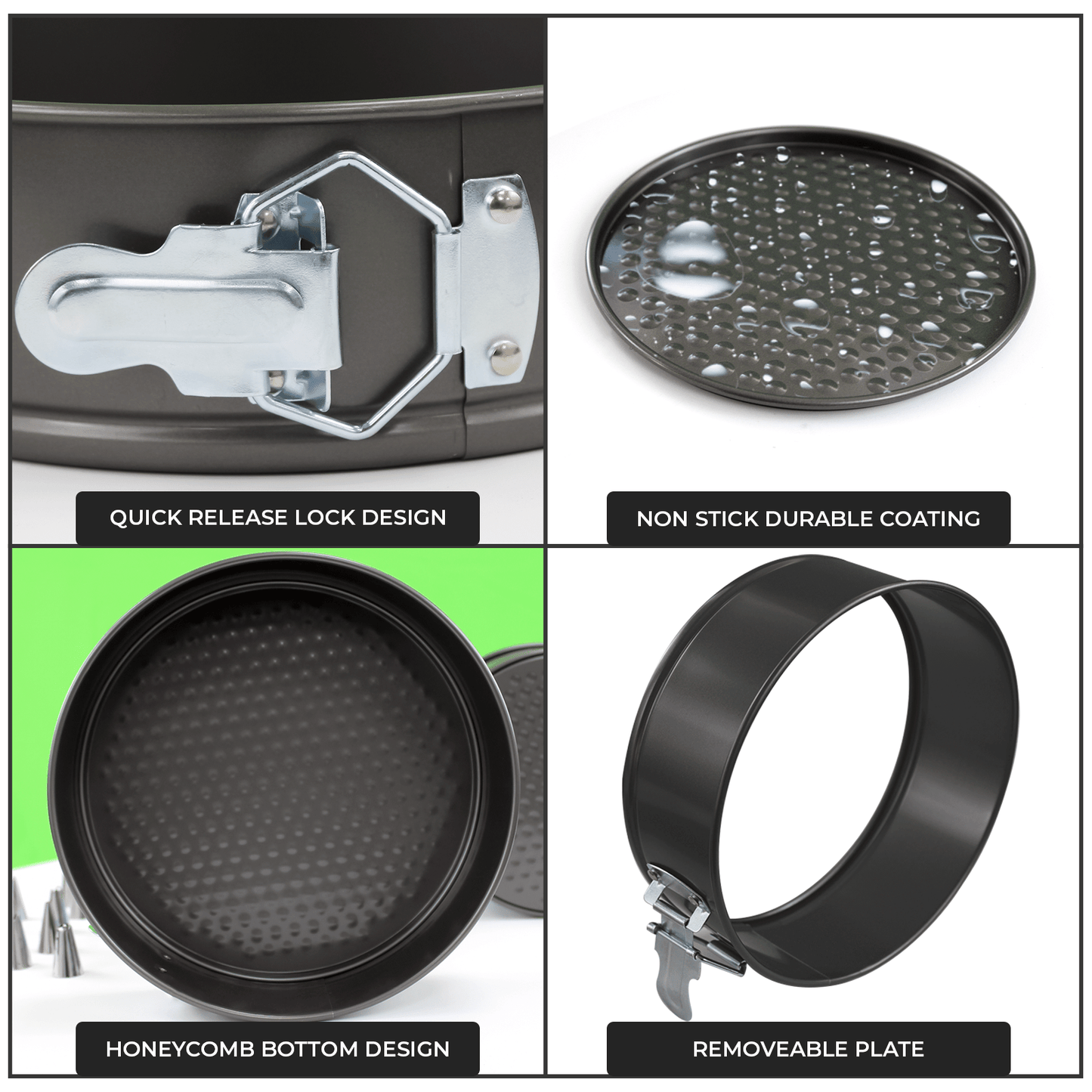 20pcs Round Cake Tins for Baking Set Includes 3 x Round Cake Mould Tin - 4" 7" 9", 1 x Flour Sieve, 12 x Piping Nozzles, 1 x Oil Brush, 1 x Knife, 1 x Piping Bag - Loose Bottom Cake Tins