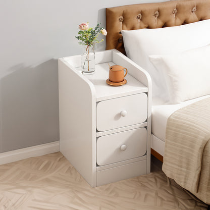 Wooden Slim Bedside Cabinet Bedside Table, Space-Saving Narrow Nightstand with 2 Drawers, Compact Small Side Table Coffee Tea Table for Bedroom, Living Room, Chest of Drawers Cabinet Sofa Side End Table, White Wooden Nightsta