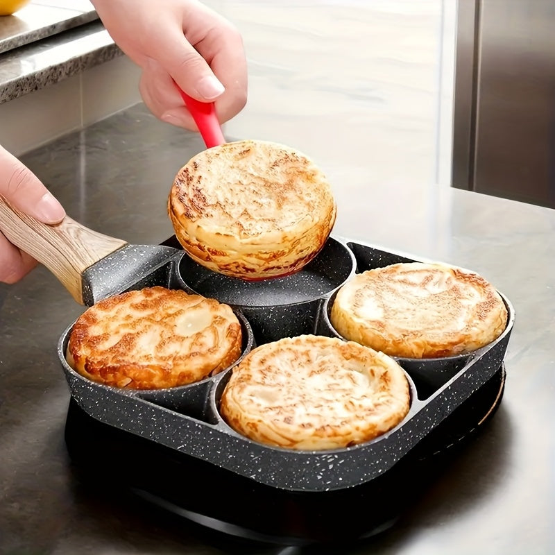 Frying Pan Four Holes And a Non-Stick Surface, Ideal for Cooking Eggs, Pancakes, Steaks, And Hamburgers. It'S Perfect for Breakfast And More, Designed for Hand Washing Only, And Is Compatible with Induction Cooktops. A Modern