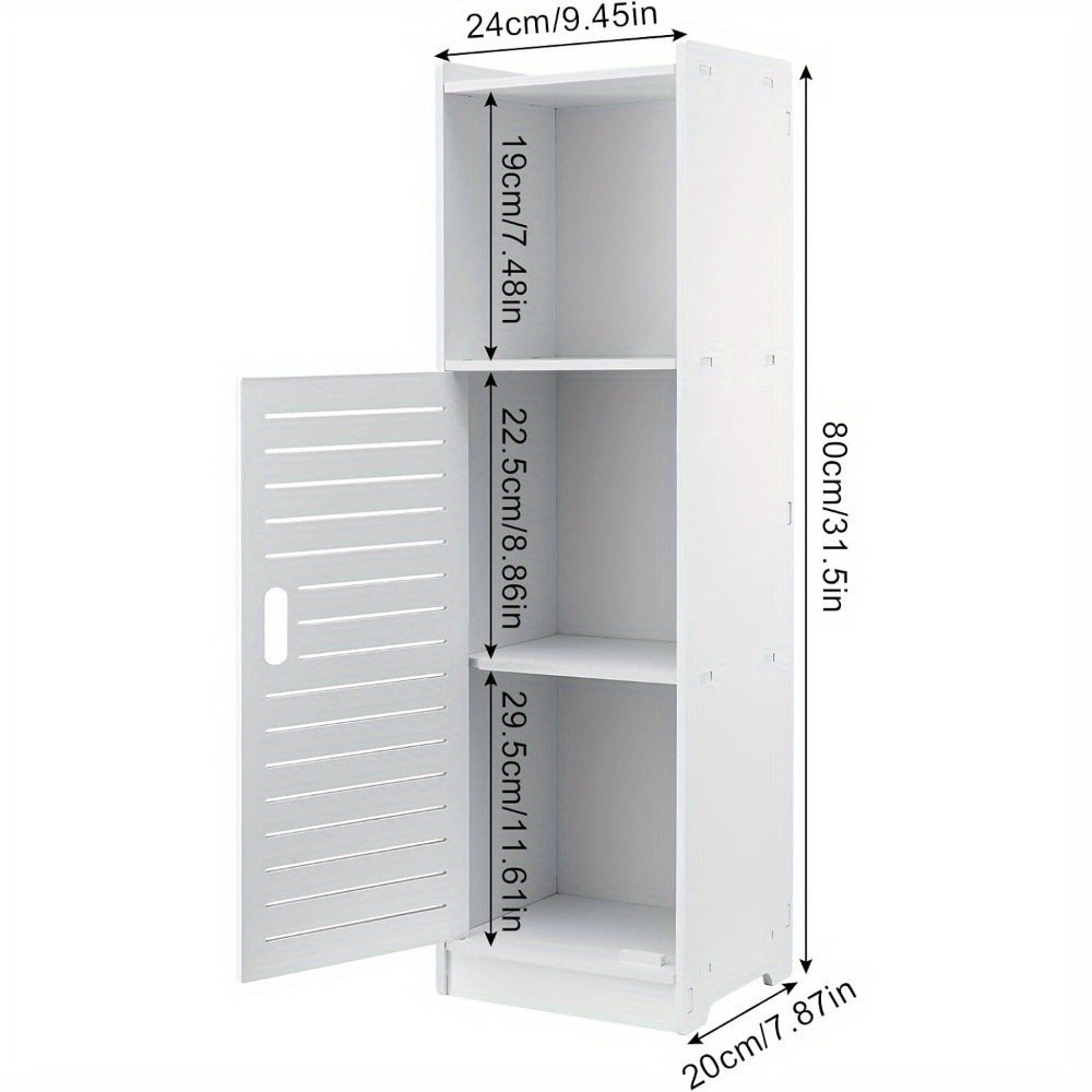 Bathroom Storage Cabinet | White Wood-Plastic Freestanding Organizer | 3-Tier with Slatted Doors & Open Shelf | Space-Saving Design for Bathroom, Kitchen, Bedroom | Modern Minimalist Style, Woodplastic Material, B
