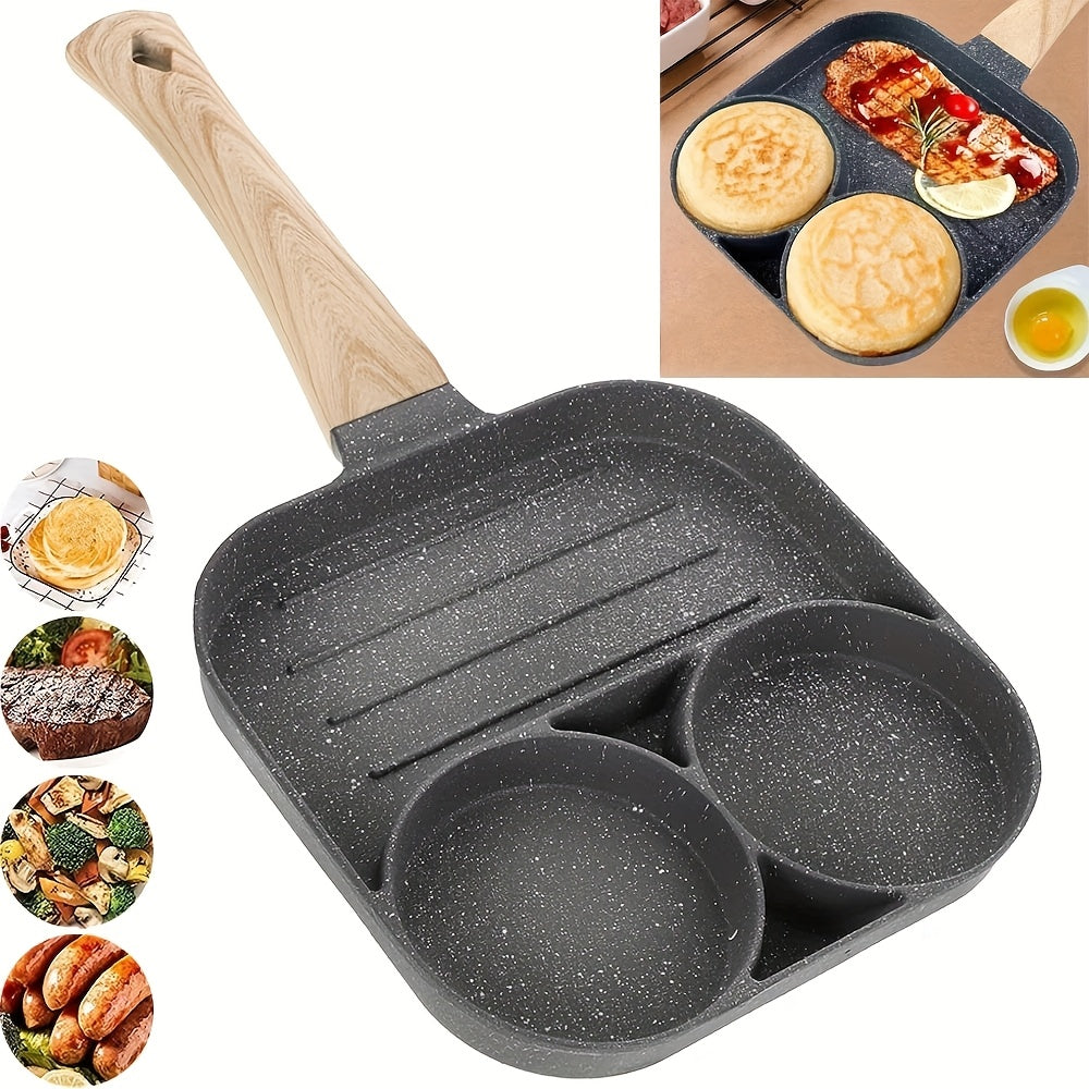 Frying Pan Four Holes And a Non-Stick Surface, Ideal for Cooking Eggs, Pancakes, Steaks, And Hamburgers. It'S Perfect for Breakfast And More, Designed for Hand Washing Only, And Is Compatible with Induction Cooktops. A Modern
