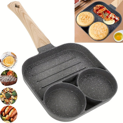 Frying Pan Four Holes And a Non-Stick Surface, Ideal for Cooking Eggs, Pancakes, Steaks, And Hamburgers. It'S Perfect for Breakfast And More, Designed for Hand Washing Only, And Is Compatible with Induction Cooktops. A Modern