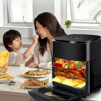15L Black Multifunctional Digital Air Fryer Oven with Rapid Air Circulation & Smart Touch & Visible Window, Adjustable Timer & Temperature Control for Healthy Oil Free & Low Fat Cooking, Nonstick Basket, Chicken, Crisps