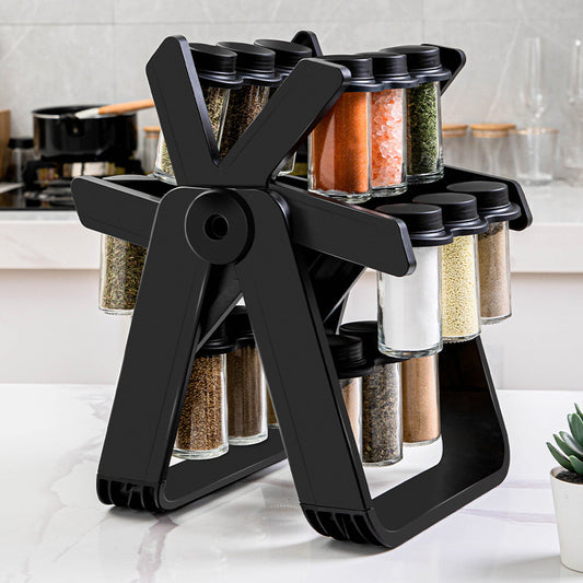 1 piece, black, kitchen rotatable glass seasoning rack, countertop seasoning jar spice jar, occupying a small area and saving space, storage rack can rotate 360 degrees, unique kitchen display, equipped with lid stickers.