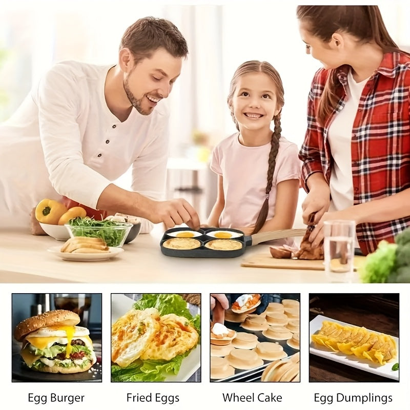 Frying Pan Four Holes And a Non-Stick Surface, Ideal for Cooking Eggs, Pancakes, Steaks, And Hamburgers. It'S Perfect for Breakfast And More, Designed for Hand Washing Only, And Is Compatible with Induction Cooktops. A Modern