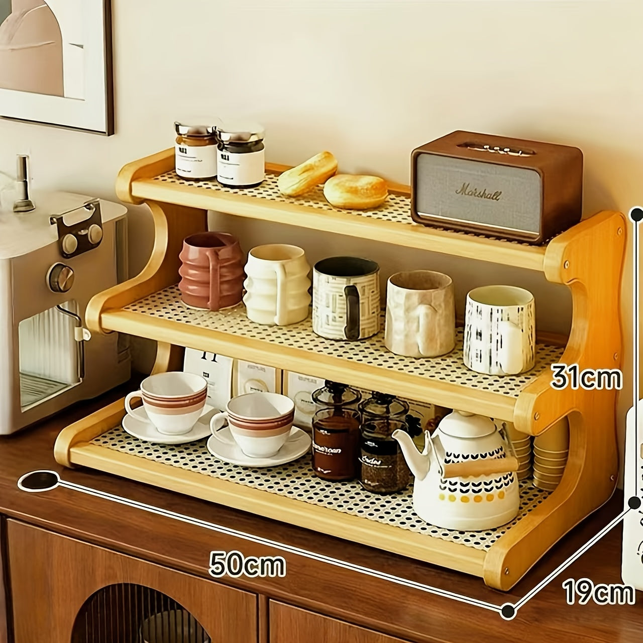 A Three-Tier Or Two-Tier Kitchen Storage Rack, a Rack for Dishes And Cups, Designed with a Hollow Board for Drainage, a Coffee Bar Shelf, a Countertop Cabinet for Cups.