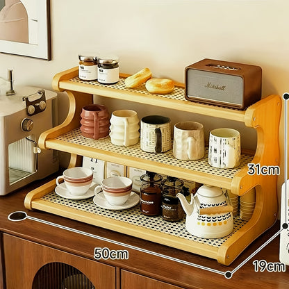 A Three-Tier Or Two-Tier Kitchen Storage Rack, a Rack for Dishes And Cups, Designed with a Hollow Board for Drainage, a Coffee Bar Shelf, a Countertop Cabinet for Cups.