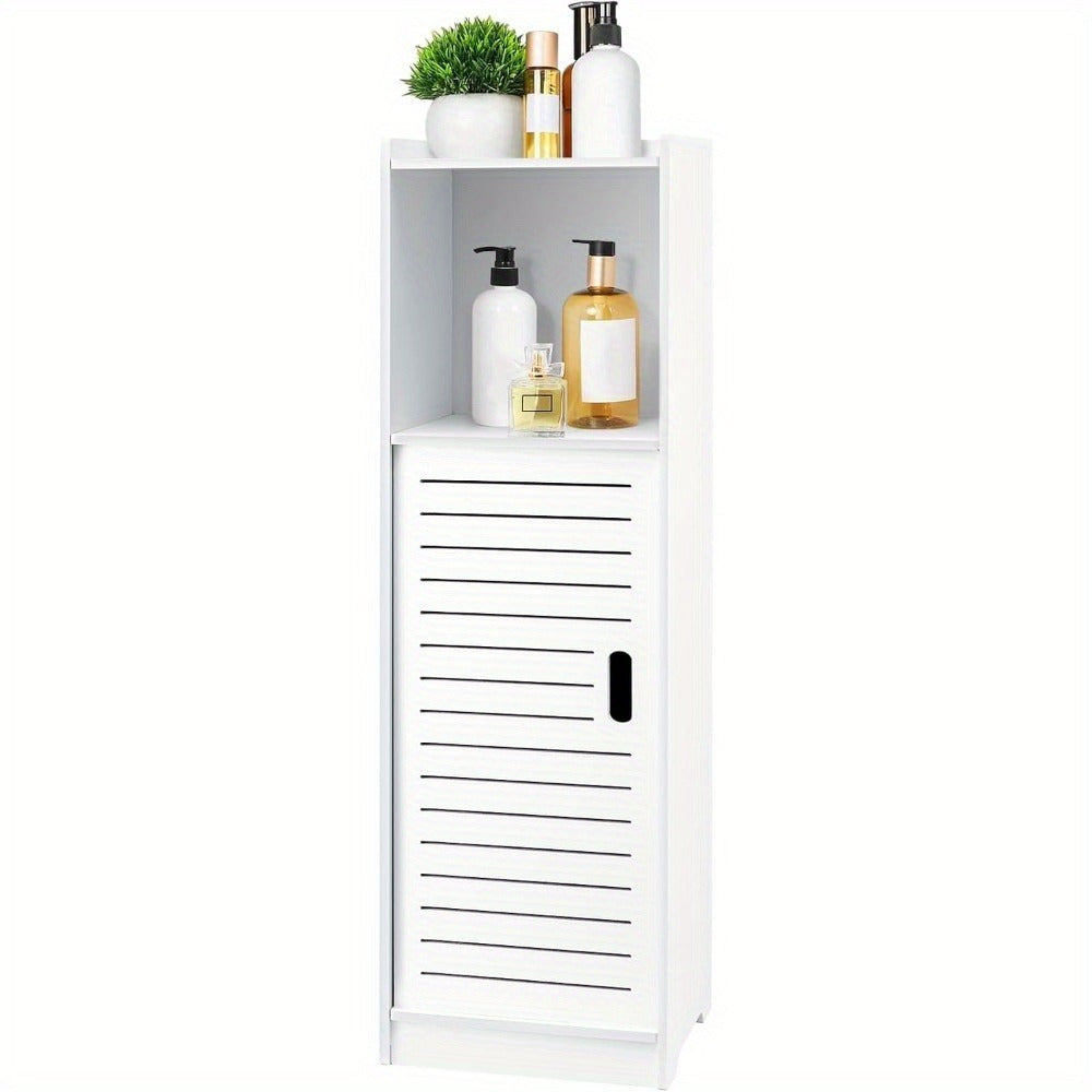 Bathroom Storage Cabinet | White Wood-Plastic Freestanding Organizer | 3-Tier with Slatted Doors & Open Shelf | Space-Saving Design for Bathroom, Kitchen, Bedroom | Modern Minimalist Style, Woodplastic Material, B