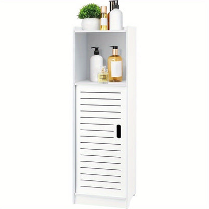 Bathroom Storage Cabinet | White Wood-Plastic Freestanding Organizer | 3-Tier with Slatted Doors & Open Shelf | Space-Saving Design for Bathroom, Kitchen, Bedroom | Modern Minimalist Style, Woodplastic Material, B