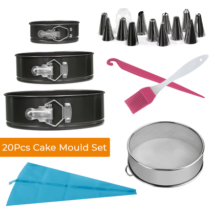 20pcs Round Cake Tins for Baking Set Includes 3 x Round Cake Mould Tin - 4" 7" 9", 1 x Flour Sieve, 12 x Piping Nozzles, 1 x Oil Brush, 1 x Knife, 1 x Piping Bag - Loose Bottom Cake Tins