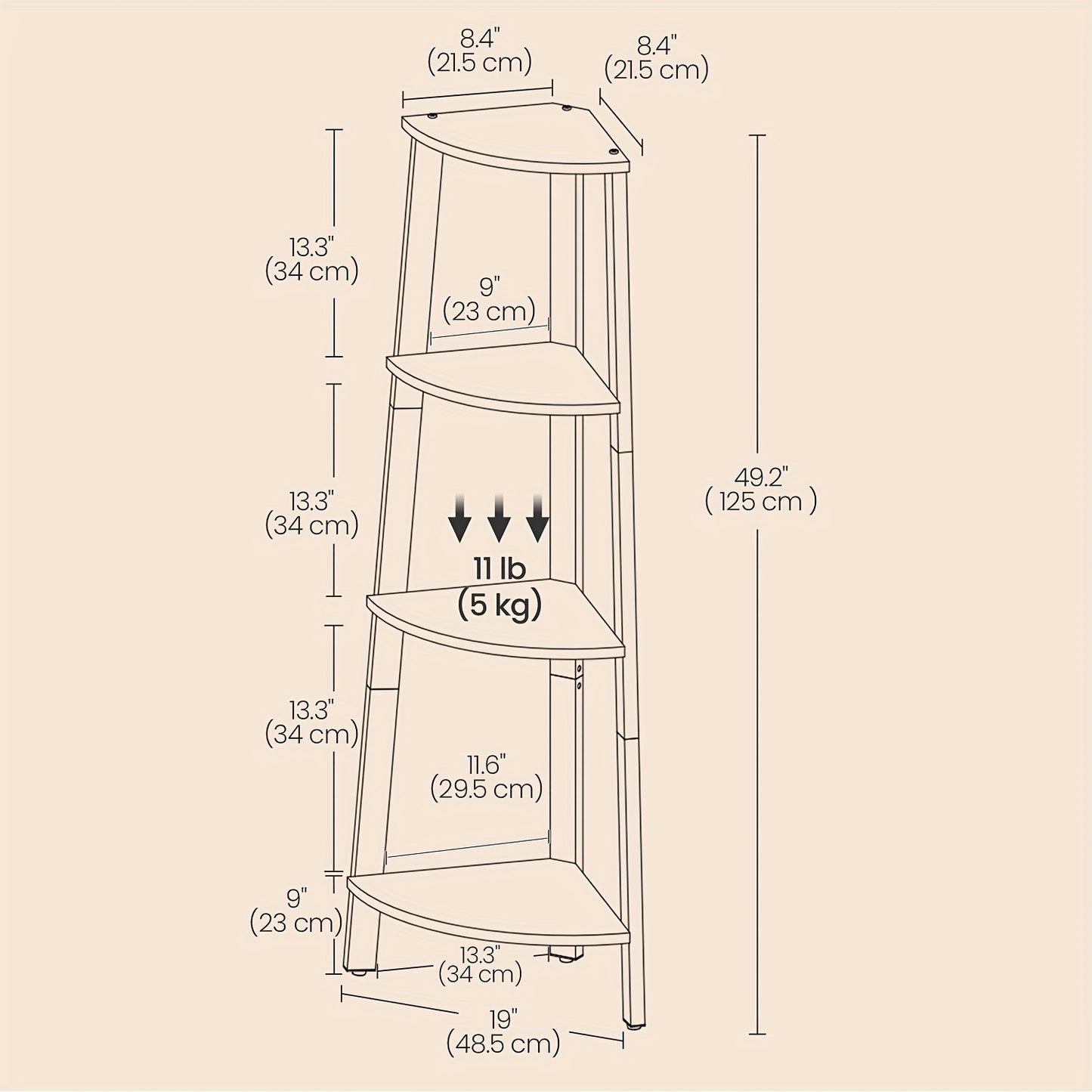 Corner Shelf, 4-Tier Corner Bookshelf, Storage Shelving Unit with Steel Frame