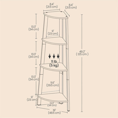 Corner Shelf, 4-Tier Corner Bookshelf, Storage Shelving Unit with Steel Frame