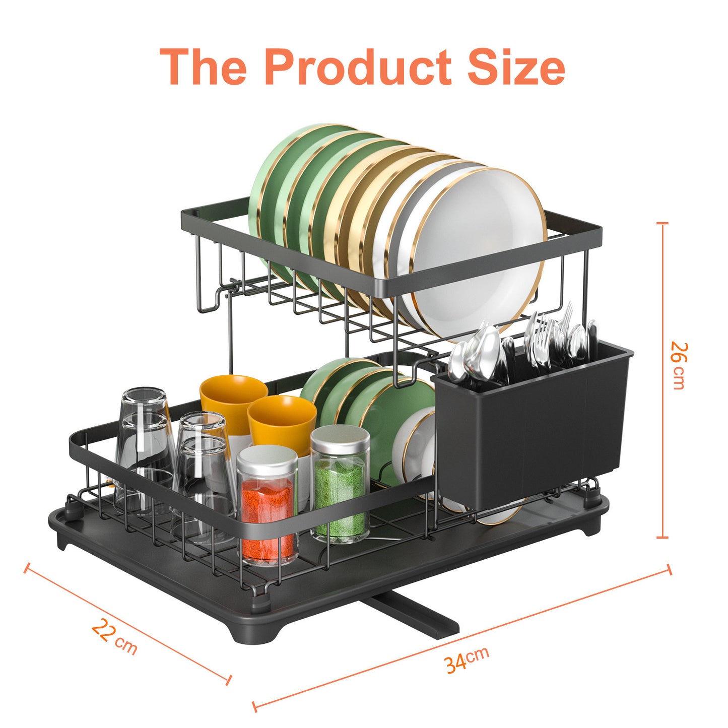 2-Tier Compact Dish Drying Rack for Kitchen Counter, Dish Rack with Cutlery Holder, Dish Drainer for Cups, Knives, Spoons, Forks, Black
