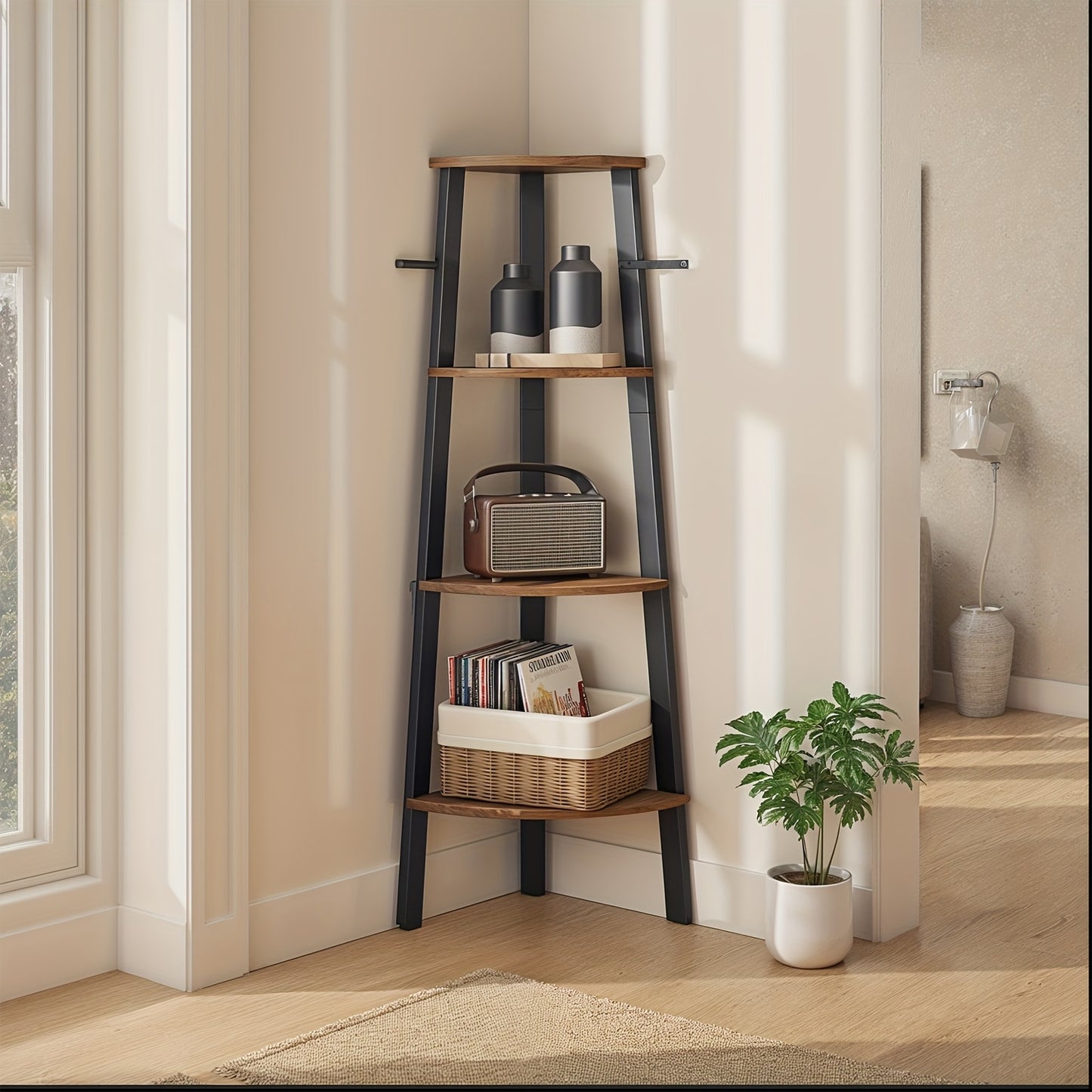Corner Shelf, 4-Tier Corner Bookshelf, Storage Shelving Unit with Steel Frame
