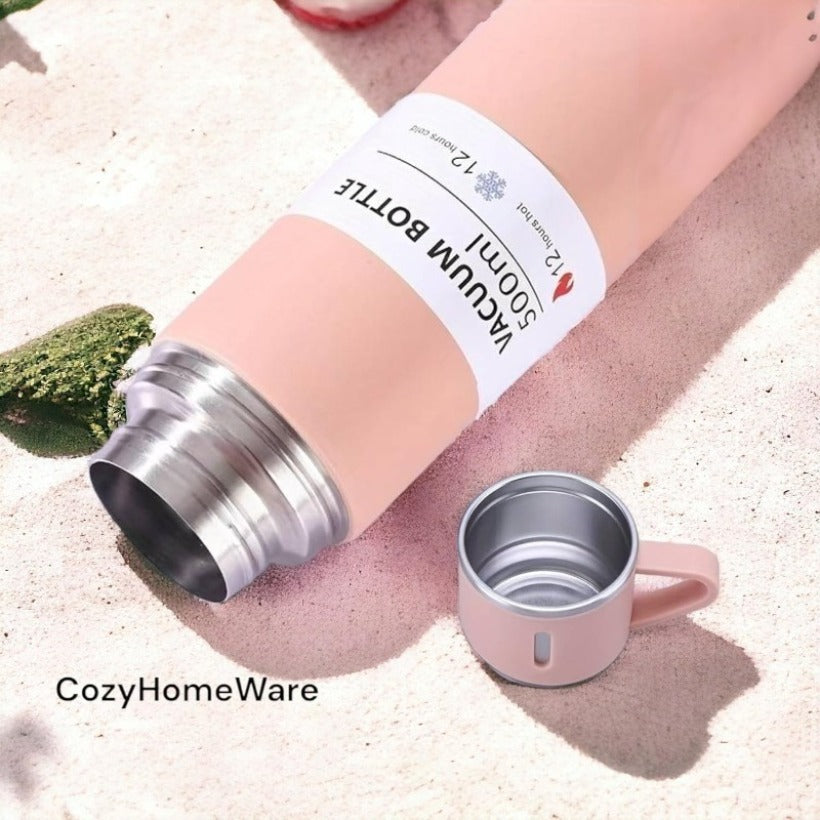 Modern Travel Thermal Flask Set - Flask Set Stainless Steel Vacuum Insulated Bottle with Cup Both for Hot and Cold Drink,Flask can be Used as Travel Mug or Insulated Water for Daily Commute, Weekend Adventures Pink
