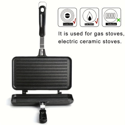 1pc Non-stick Double-sided Frying Pan - Sandwich with Handle - Removable Aluminum Alloy Griddle - Double-sided Frying Pan - Steak Bread Toast Egg Mold - Flip Cover Pot - Suitable for Indoor and Outdoor - Home Kitchen Multifun