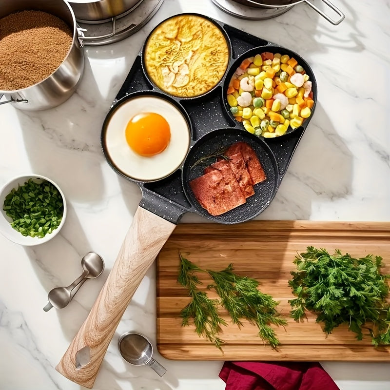 Frying Pan Four Holes And a Non-Stick Surface, Ideal for Cooking Eggs, Pancakes, Steaks, And Hamburgers. It'S Perfect for Breakfast And More, Designed for Hand Washing Only, And Is Compatible with Induction Cooktops. A Modern