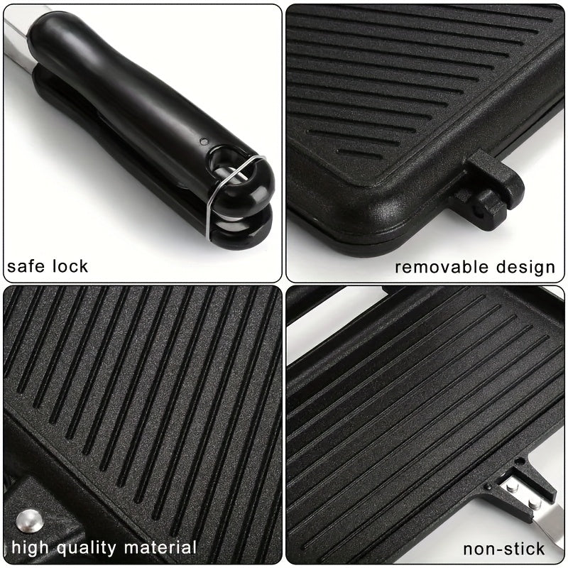 1pc Non-stick Double-sided Frying Pan - Sandwich with Handle - Removable Aluminum Alloy Griddle - Double-sided Frying Pan - Steak Bread Toast Egg Mold - Flip Cover Pot - Suitable for Indoor and Outdoor - Home Kitchen Multifun